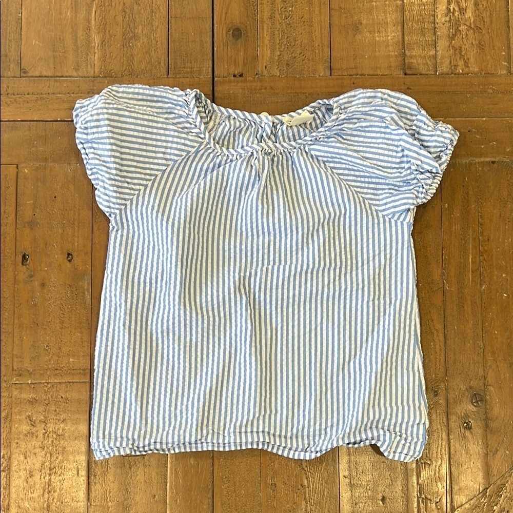 Crewcuts blue seersucker striped puff sleeve boxy short sleeve top